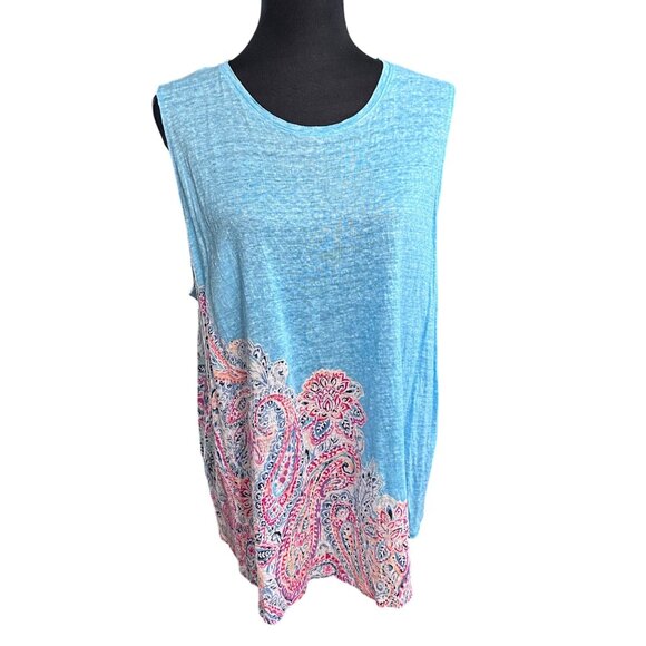 J. Jill Tank Size XL Blue Paisly Shirt 100% Linen Summer Love Linen Women - Picture 1 of 10